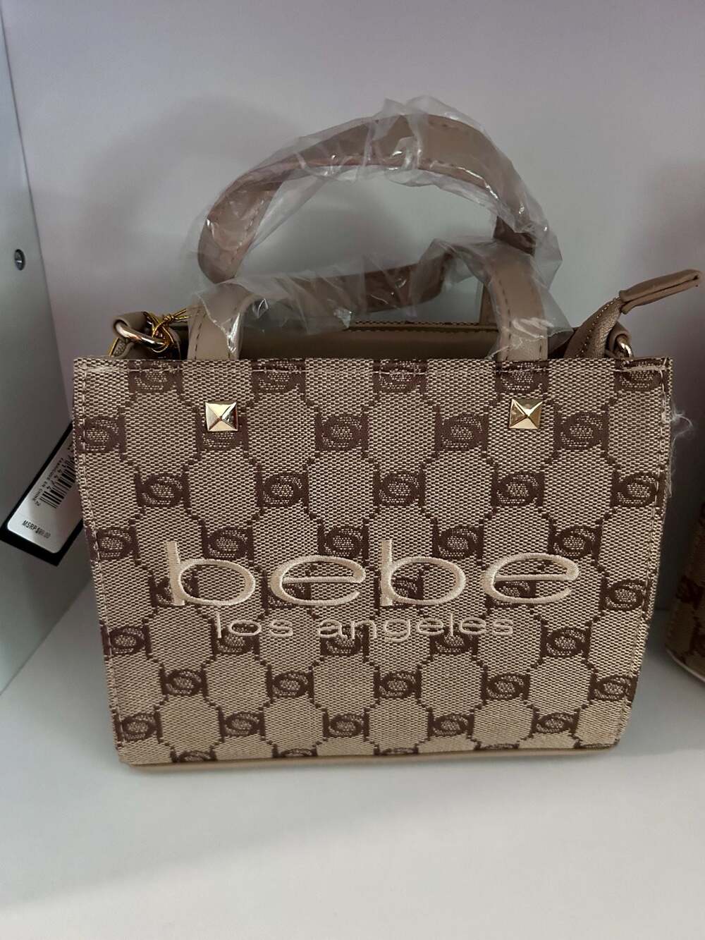Bebe Talulla Mini Satchel Monogram Brown and Beige Crossbody Handbag